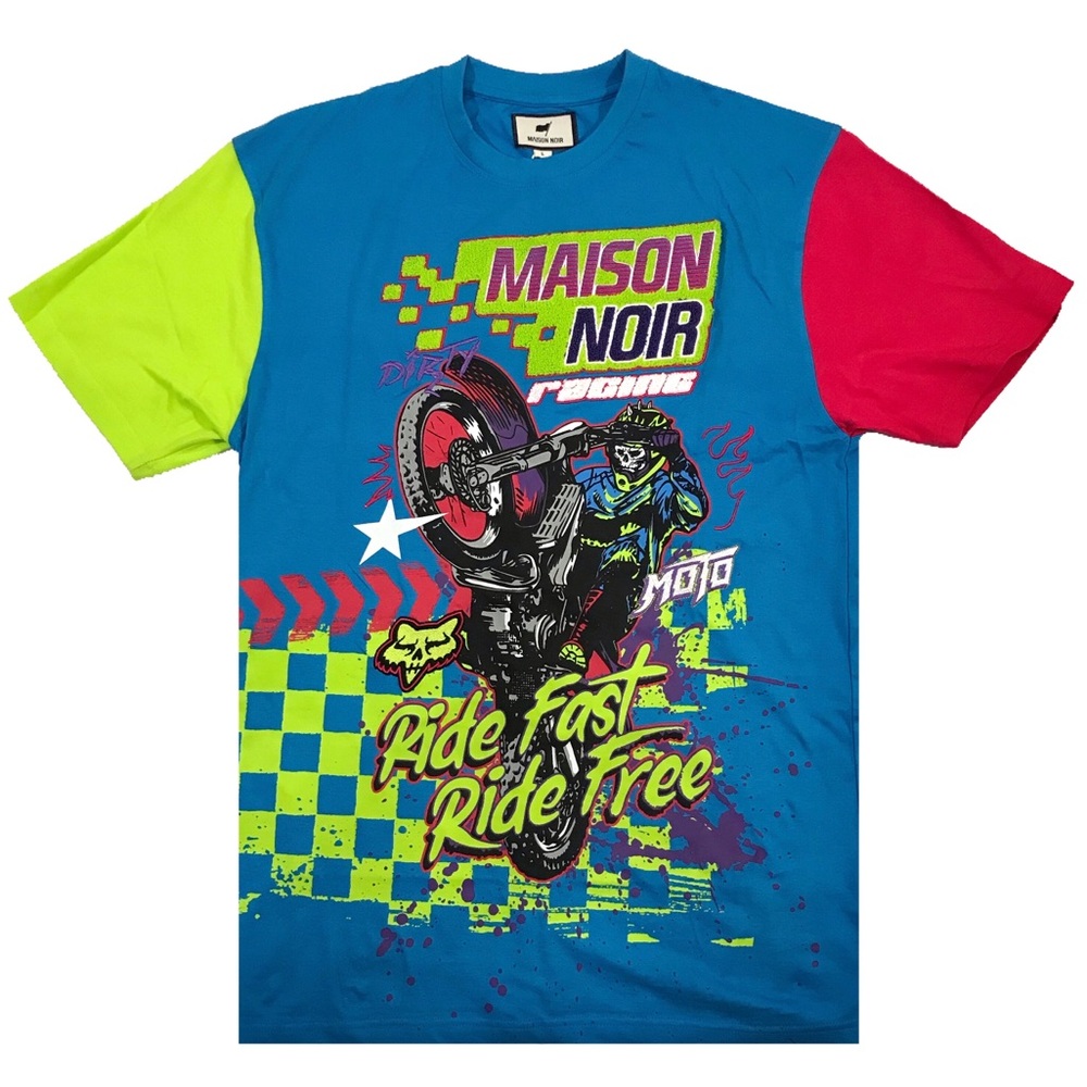 Men’s “Moto Club” color block tee. M, L, and XL.